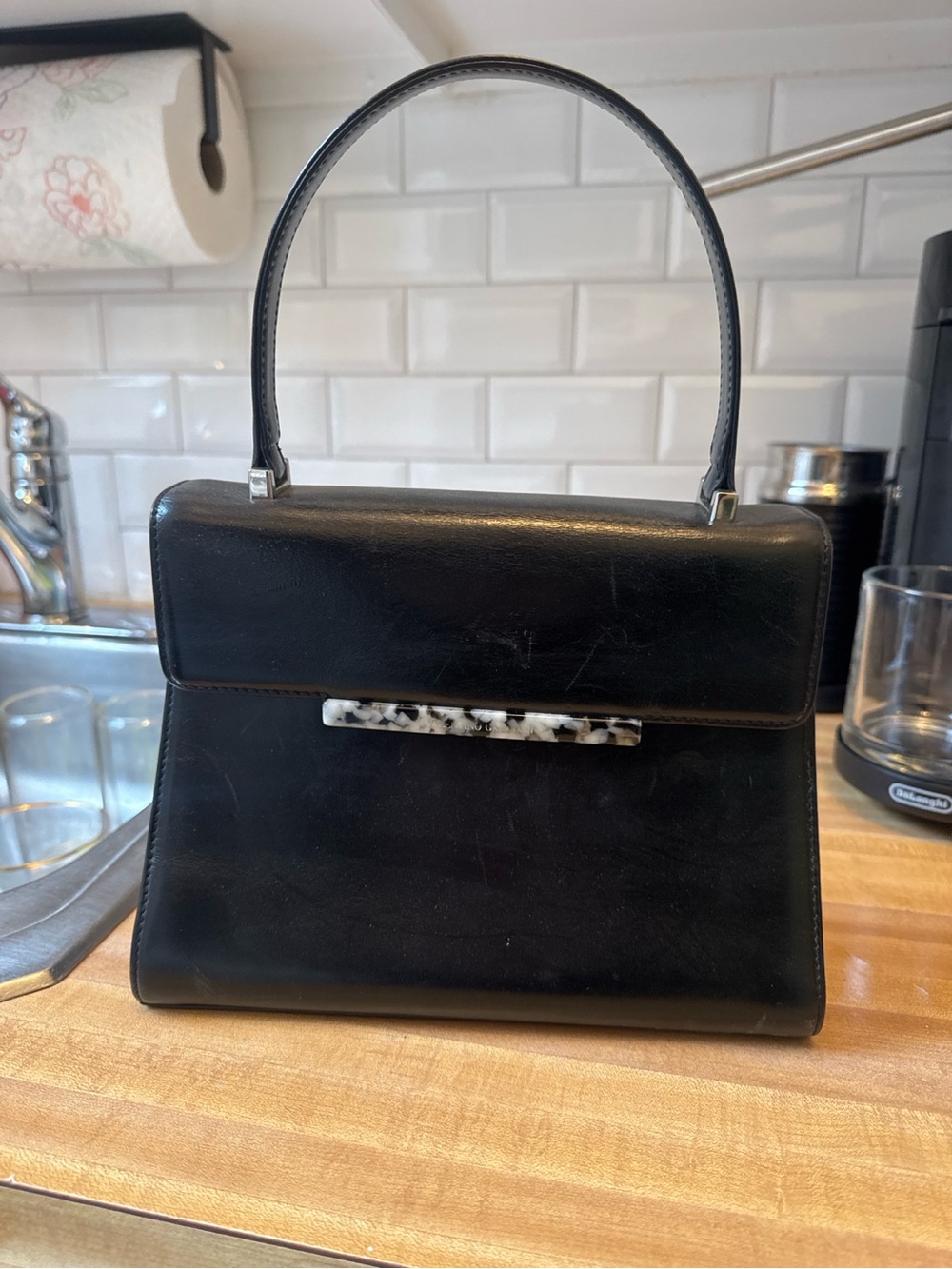 Vintage Valentino Garavani Black Leather Top Handle Bag Marble Clasp RARE